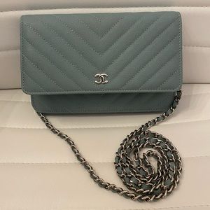 BNIB 18C Chanel Powder Blue Chevron WOC (SHW)